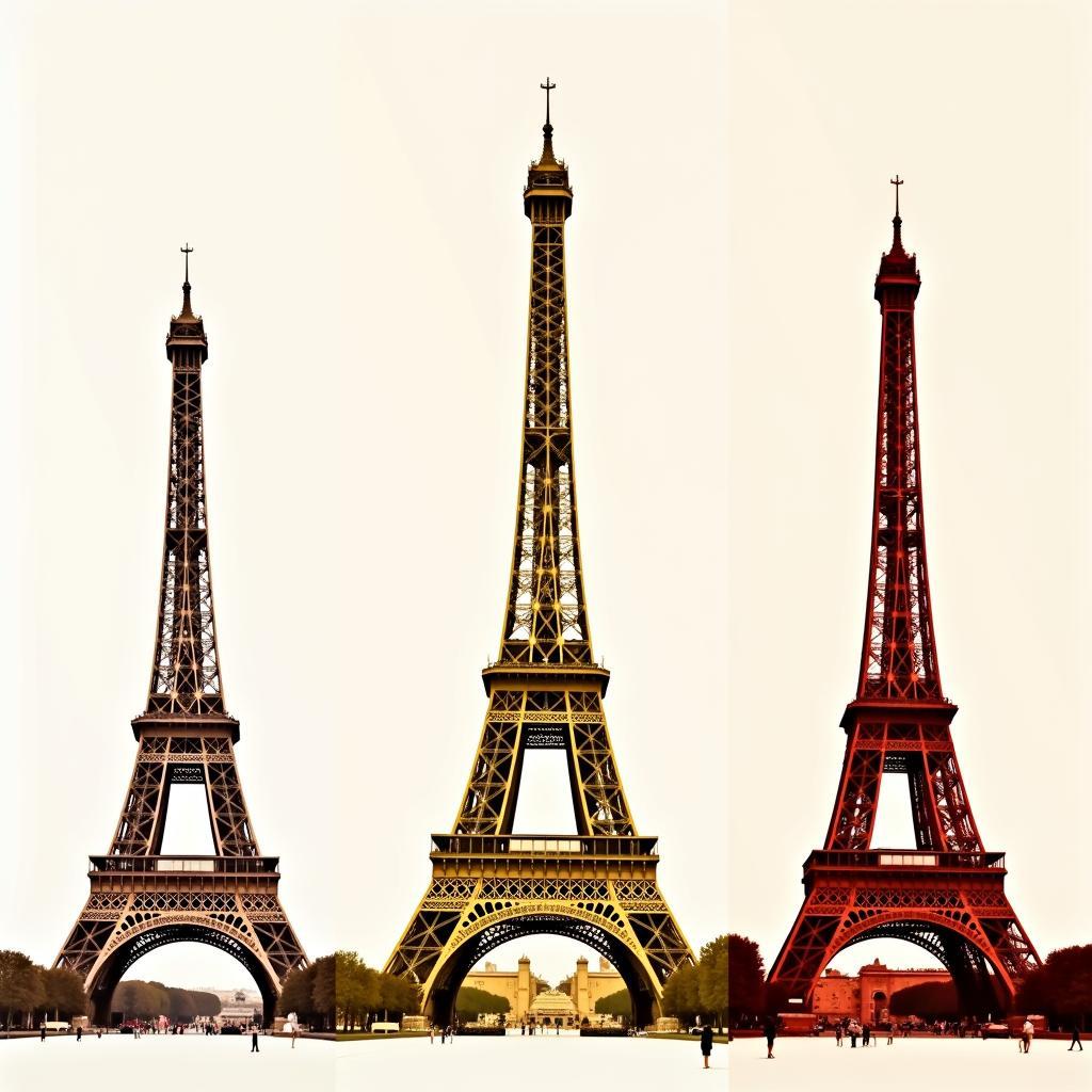 Eiffel Tower color changes: from reddish-brown to yellow-brown and gradient shades