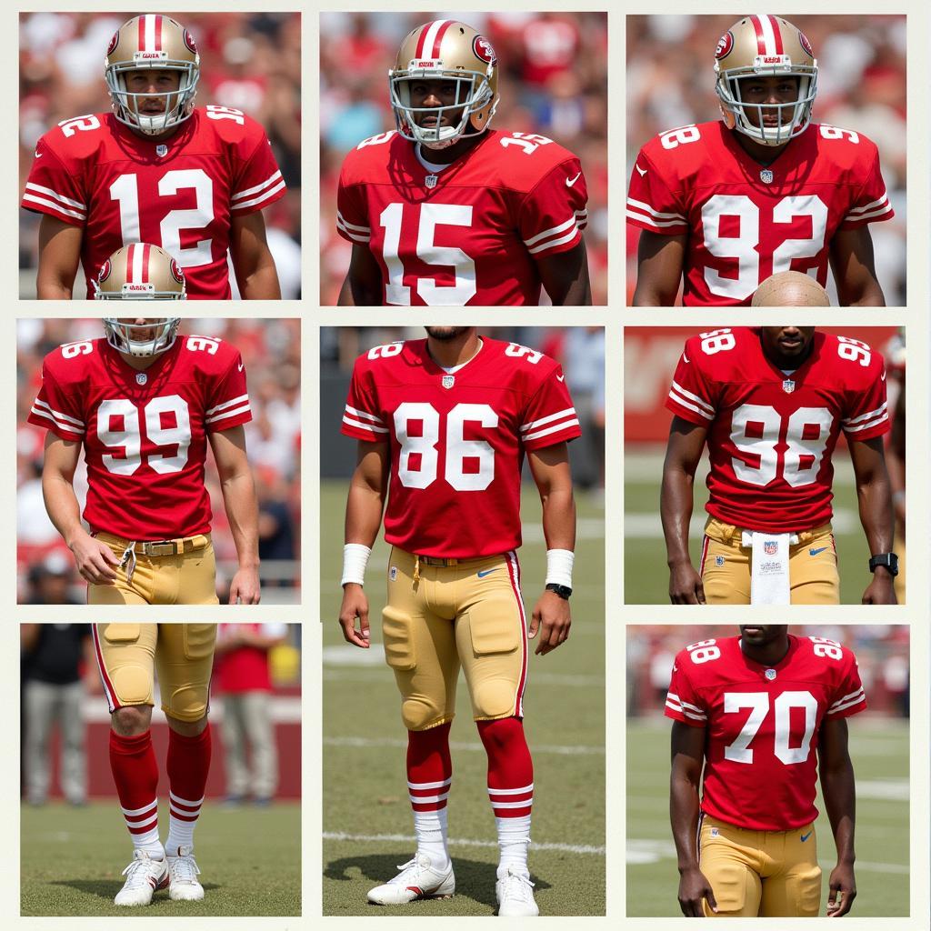 Evolution of San Francisco 49ers uniforms over the years, showcasing changes in design while maintaining the red and gold color scheme.