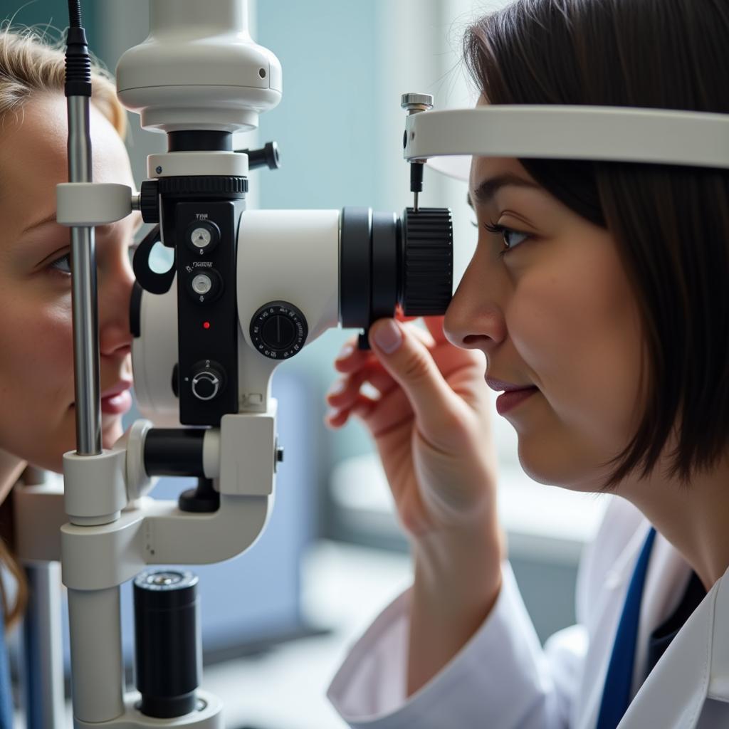 Eye Doctor Examining Patient's Eyes with Special Equipment