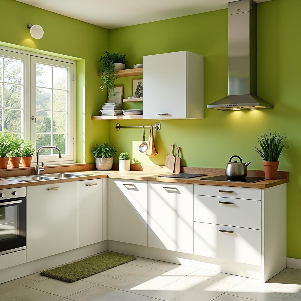 Modern Green Kitchen with White Cabinets