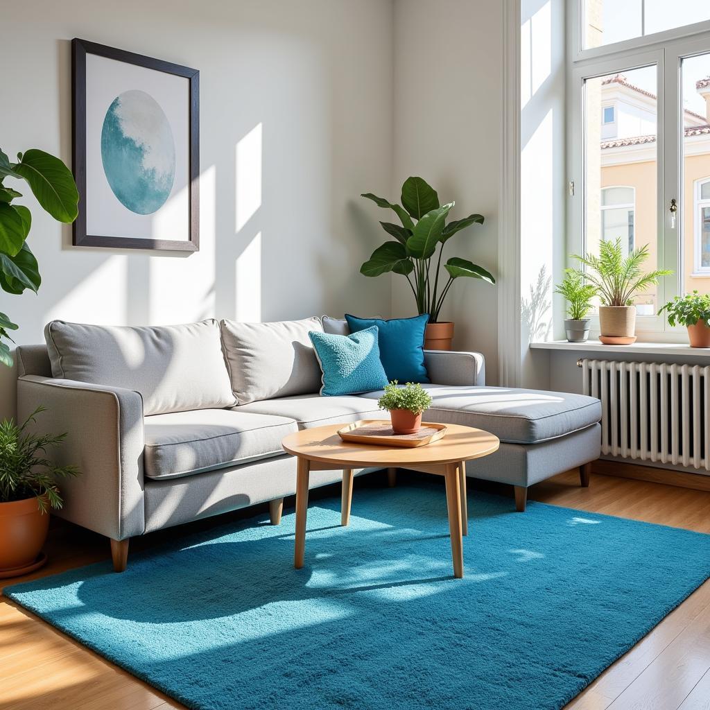 Grey Couch with a Blue Area Rug