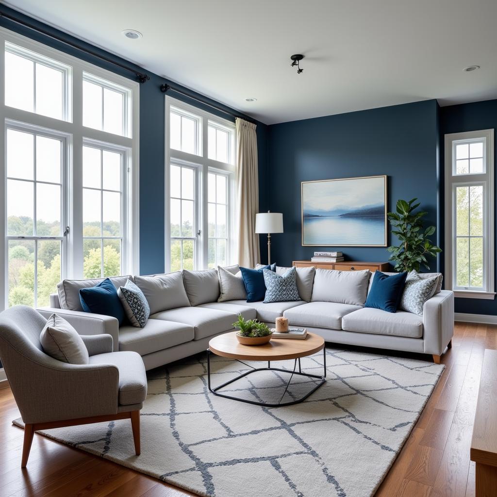 Grey furniture with blue walls