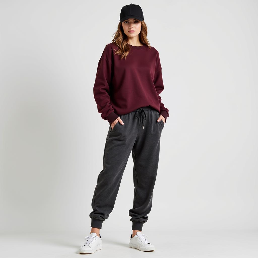 Grey sweatpants with a burgundy sweatshirt: Streetwear style