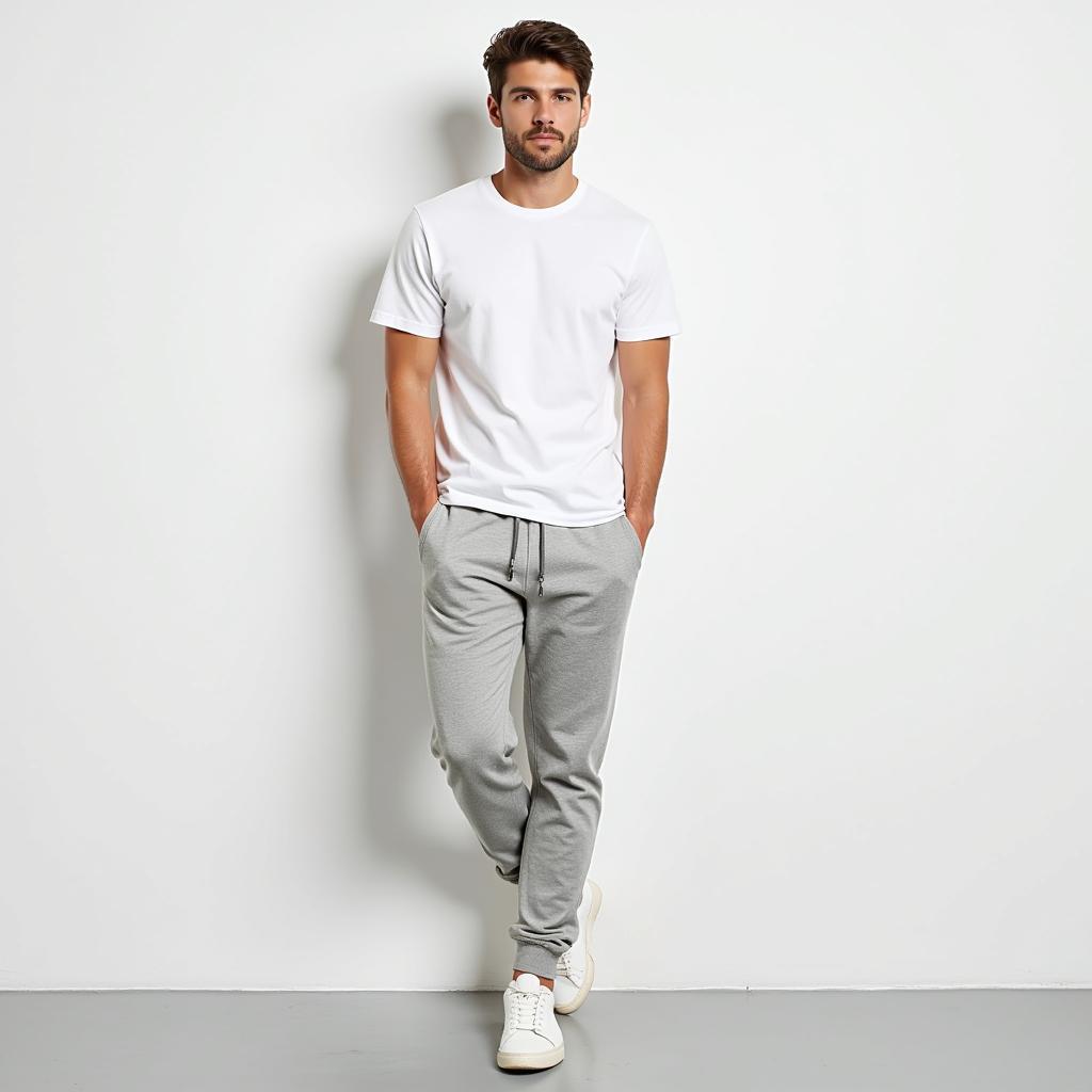 Grey sweatpants with a white t-shirt: Minimalist style