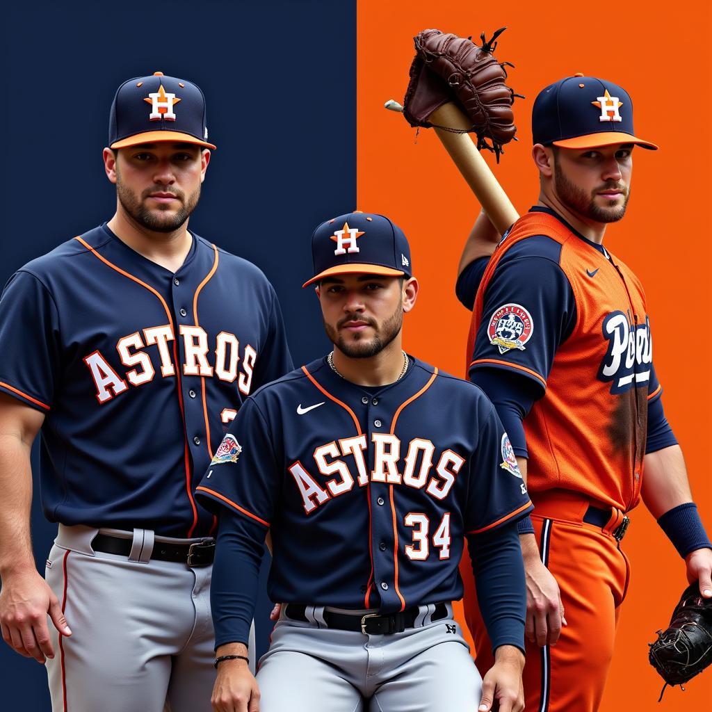 Houston Astros players wearing navy blue and orange uniforms