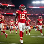 Kansas City Chiefs players in red and gold uniforms on the field