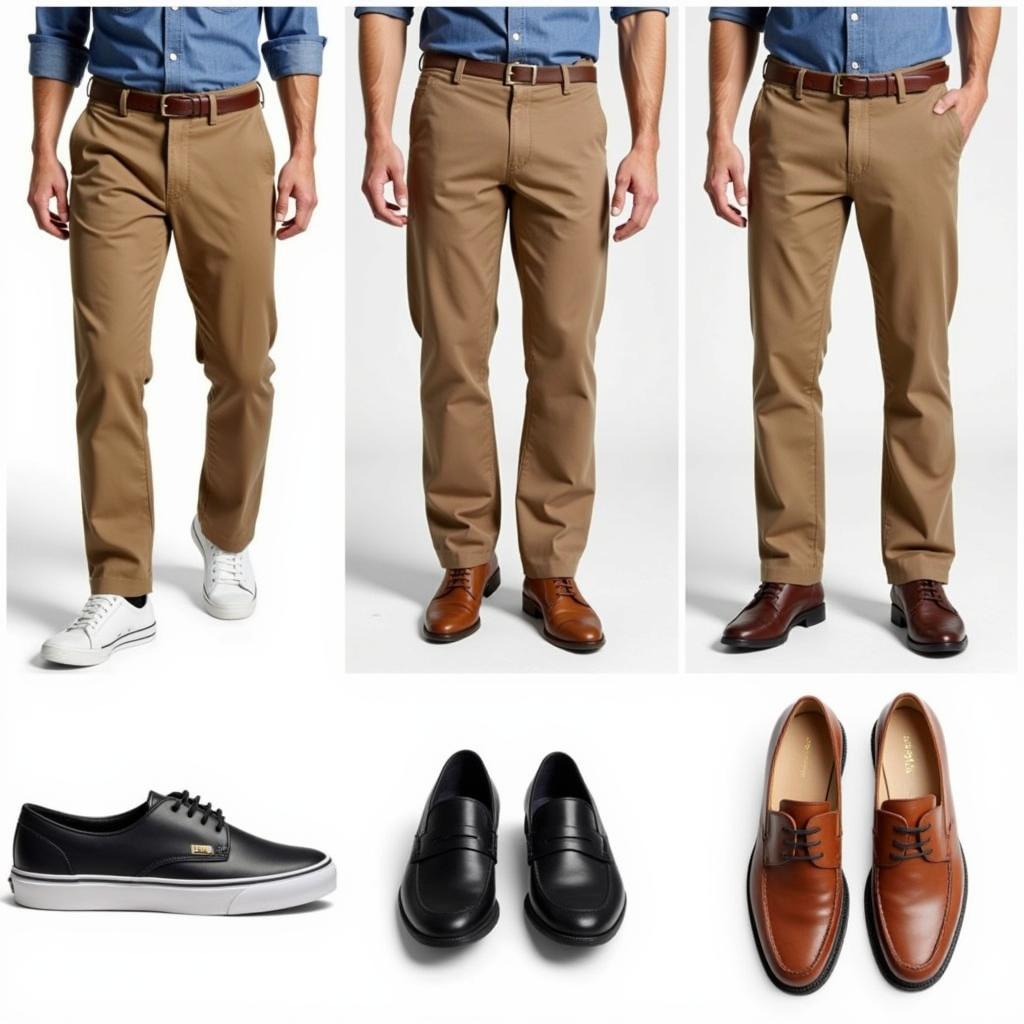 Different shoe styles paired with khaki pants for various occasions