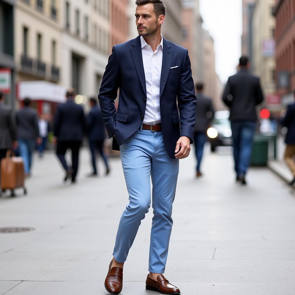 Man wearing light blue pants and a navy blazer