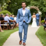 Light Blue Suit with Brown Shoes for a Wedding