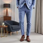 Colored socks with a light blue suit