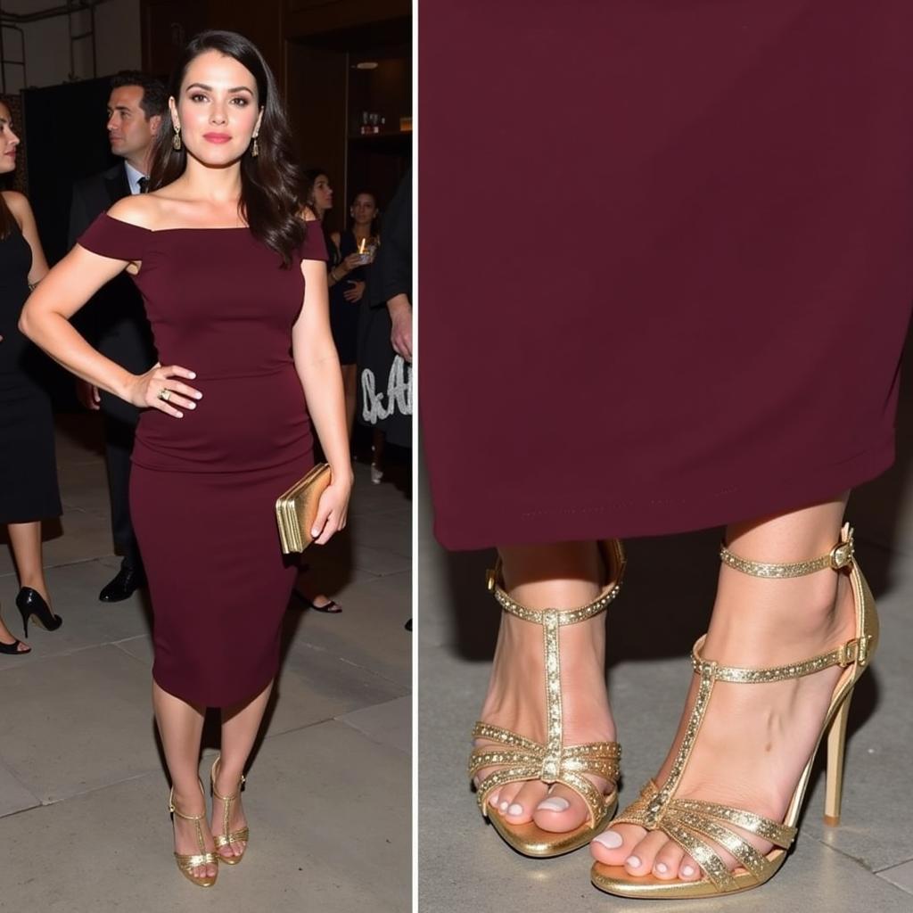 Maroon Dress with Gold Heels for a Party Outfit