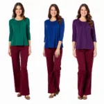 Maroon Pants with Jewel Toned Tops: Emerald Green, Sapphire Blue, and Amethyst Purple