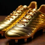 Close-up of metallic gold soccer cleats