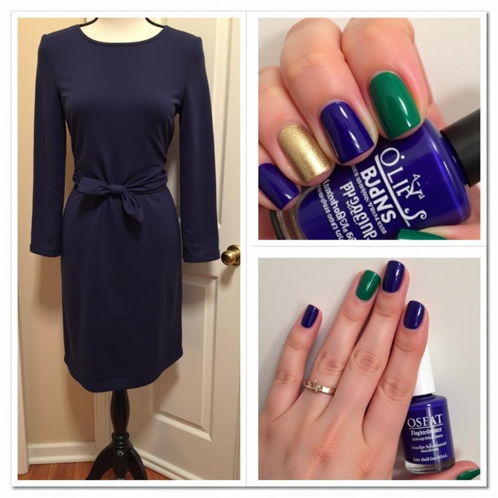 Navy Blue Dress with Metallic, Green, and Purple Nail Polish