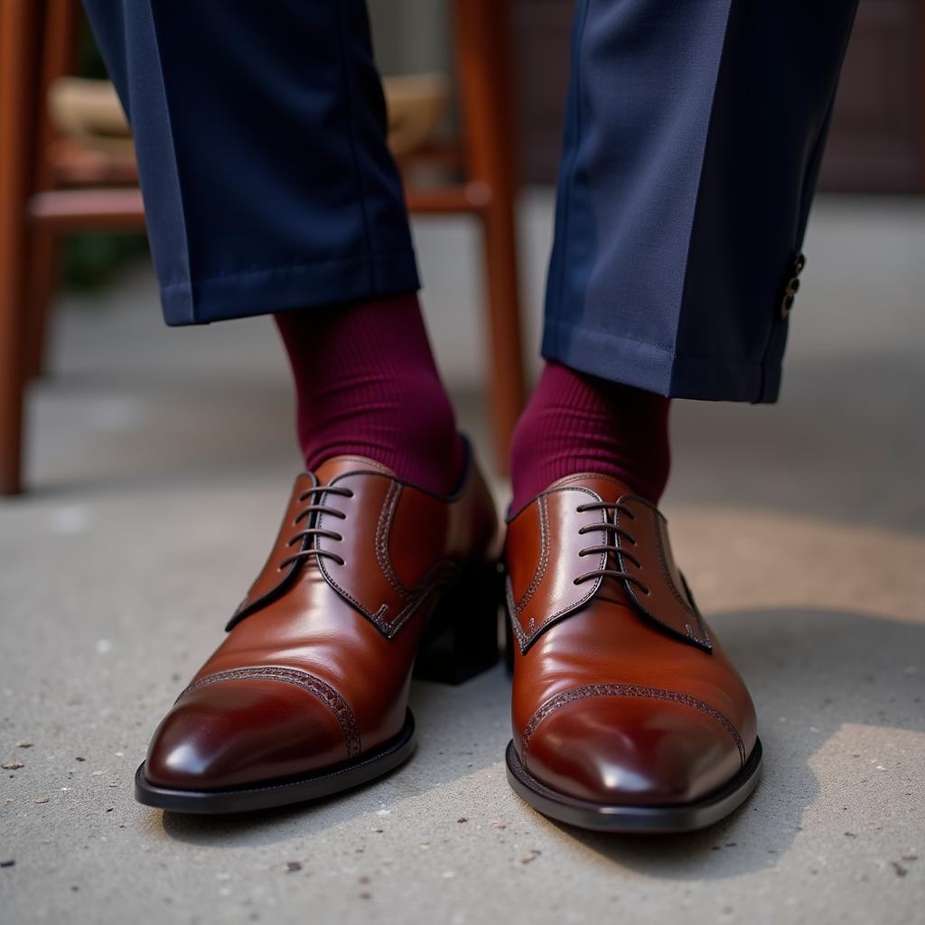 Navy Suit with Brown Shoes and Burgundy Socks