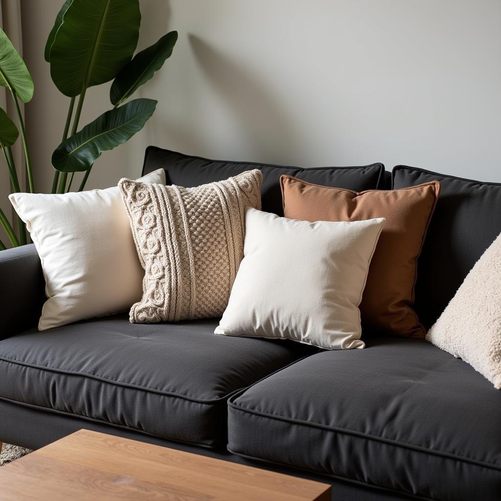 Neutral Toned Pillows on a Grey Couch