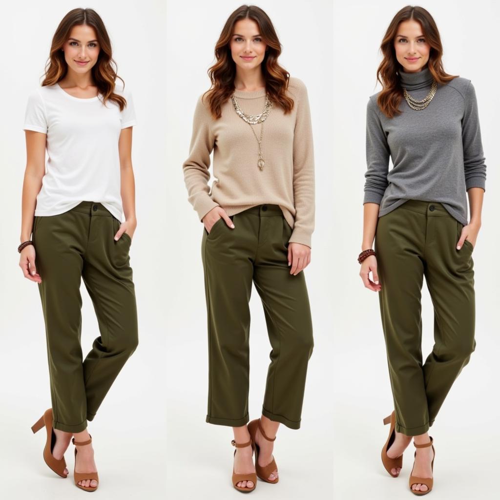 Olive Green Pants with Neutral Tops: White, Beige, and Gray