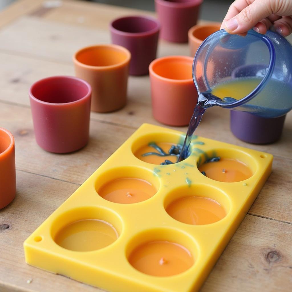 Pouring Colored Beeswax into Candle Molds