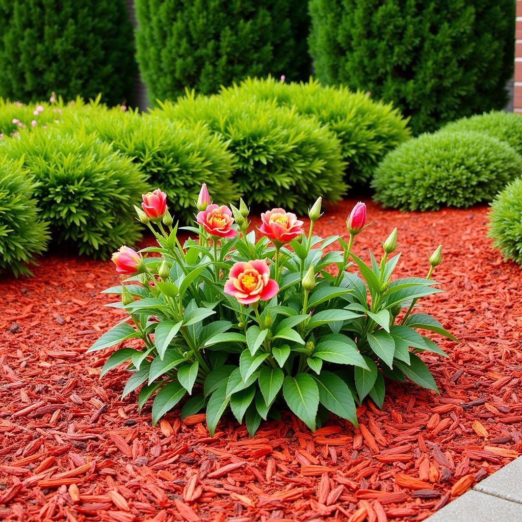 Red Mulch Around Flower Bed