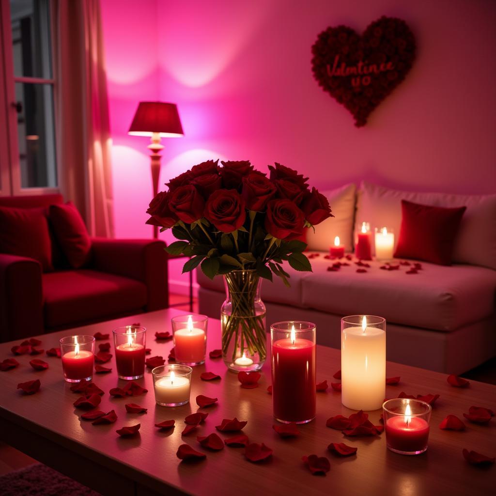 Romantic Valentine's Day decorations featuring lights, candles, and flowers