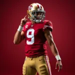 San Francisco 49ers uniforms in their traditional red and gold colors.