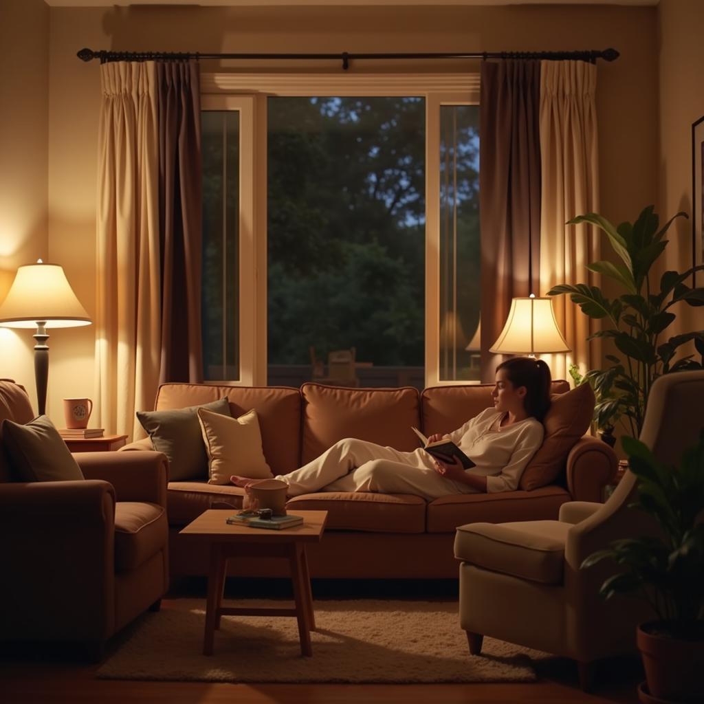 Saturday Evening Relaxation - A cozy living room scene with soft lighting and warm colors, representing the peaceful and relaxing atmosphere of a Saturday evening.