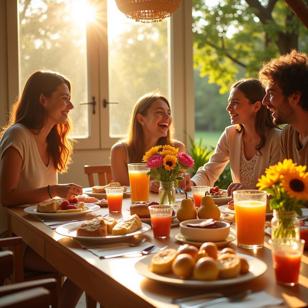 Saturday Morning Vibes - A bright and cheerful scene depicting a leisurely Saturday morning breakfast with vibrant colors, symbolizing the energy and excitement of the weekend.