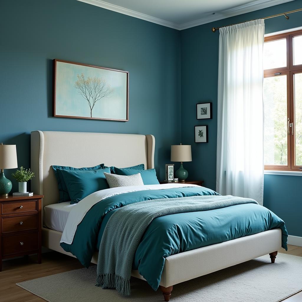 Steel Blue Bedroom with Teal Accents