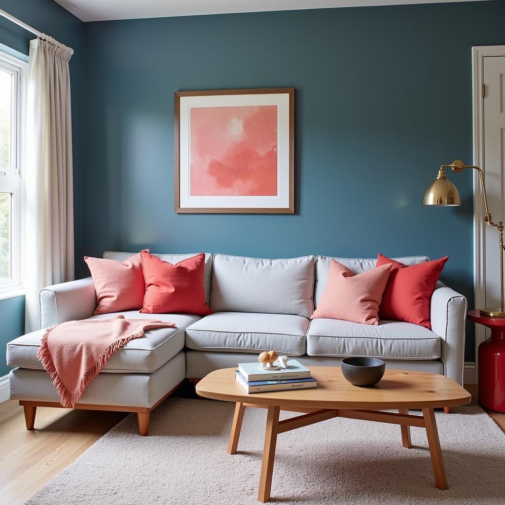 Steel Blue Living Room with Coral Accents