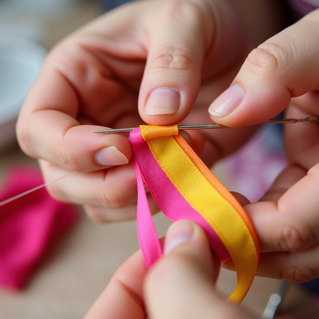 Stringing Ribbon Segments for a Lei