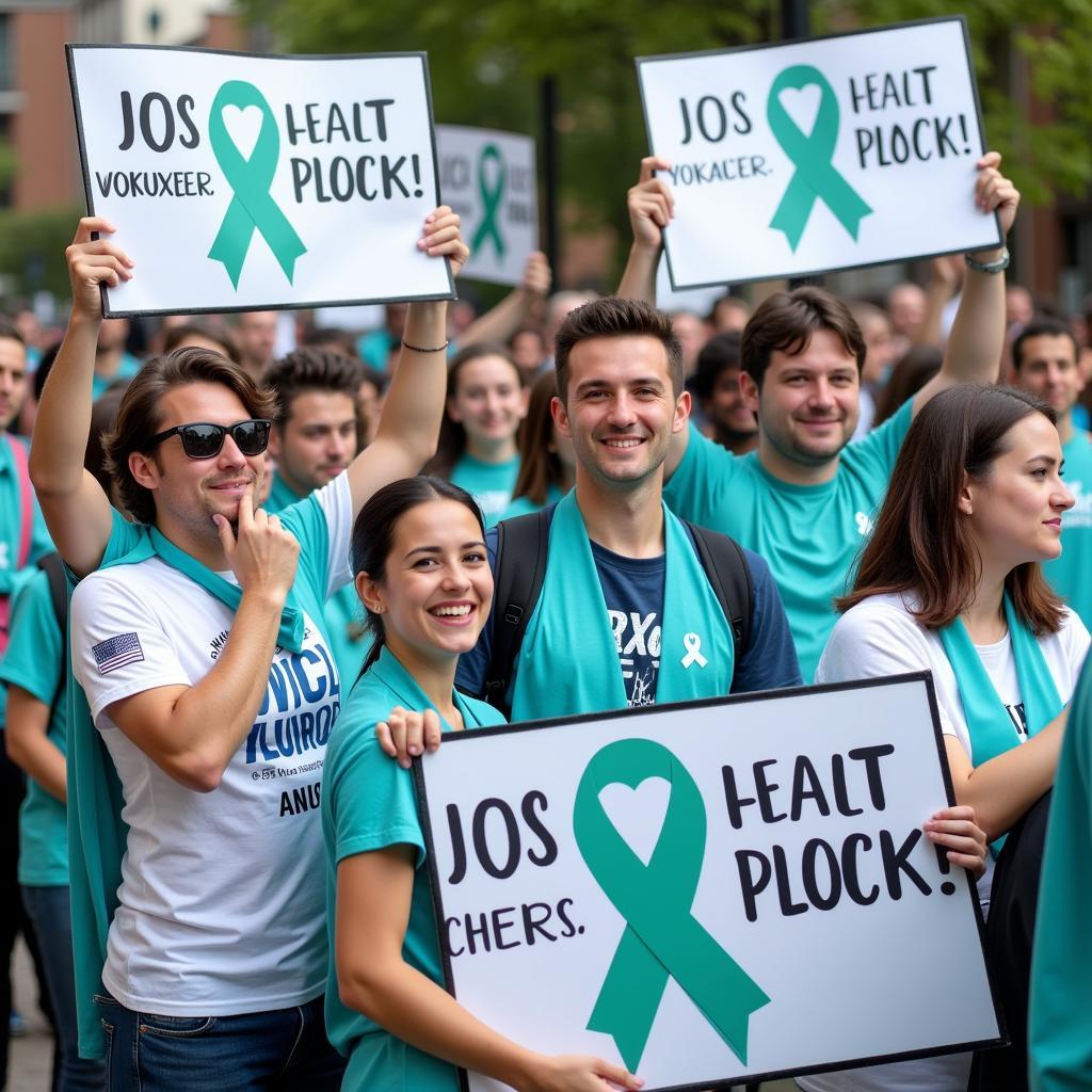 People supporting testicular cancer awareness at an event.