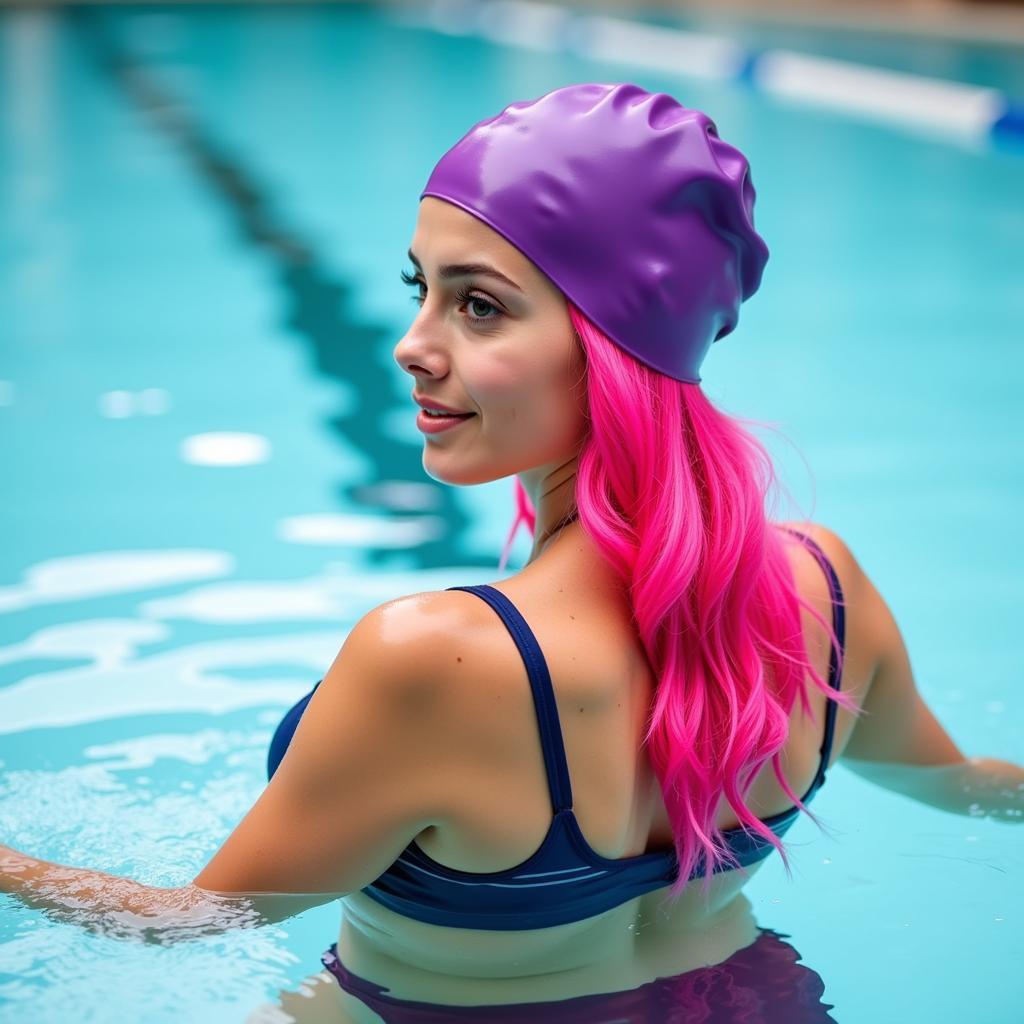 Swim Cap for Colored Hair Protection: Woman with Pink Hair Wearing a Swim Cap