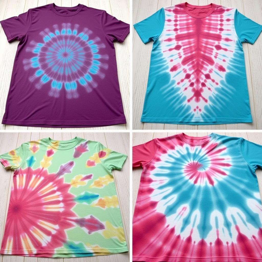 Various Tie-Dye Techniques Applied to Colored Shirts: Spiral, Crumple, Bullseye