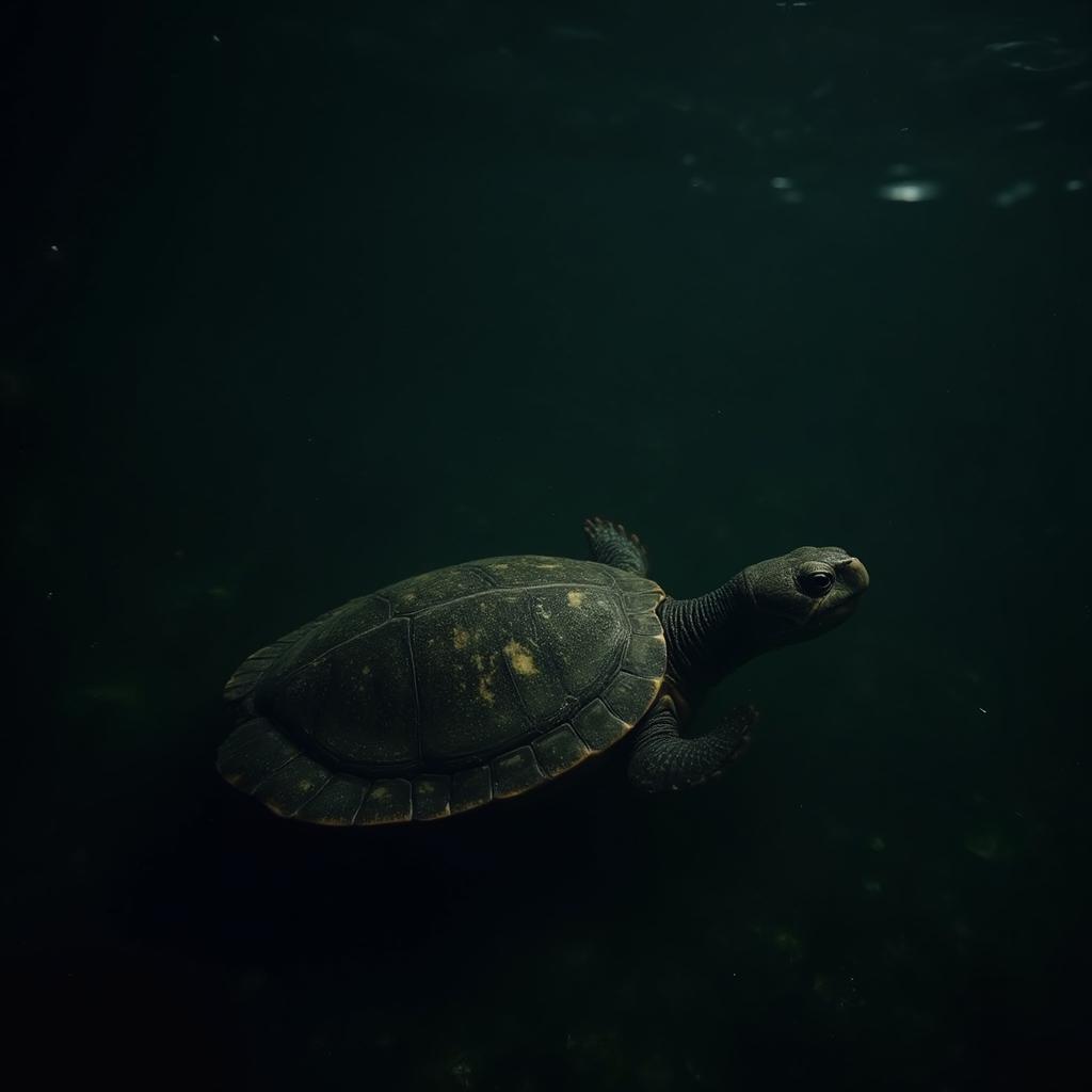 Turtle Hiding in Dark Water