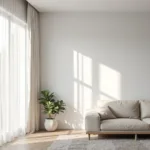 White curtains with grey walls in a living room