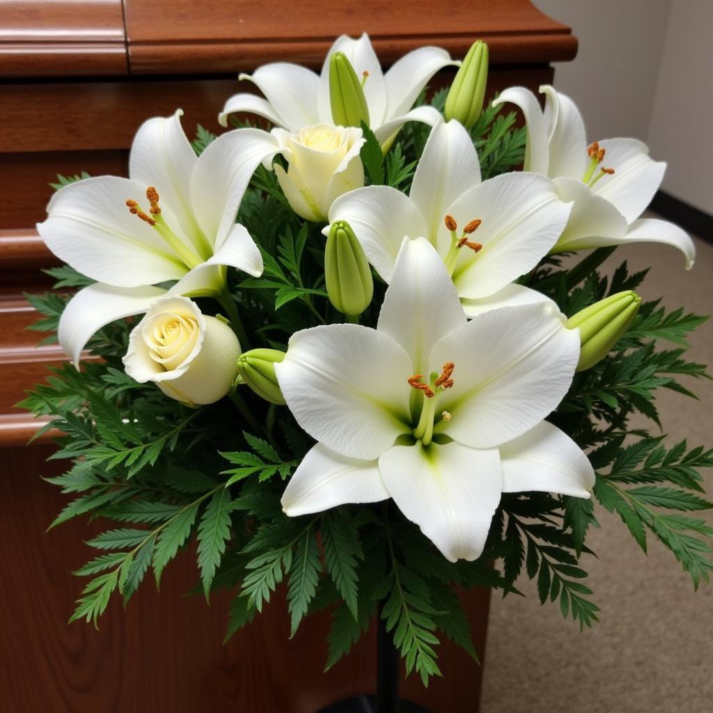 White lilies in a funeral arrangement