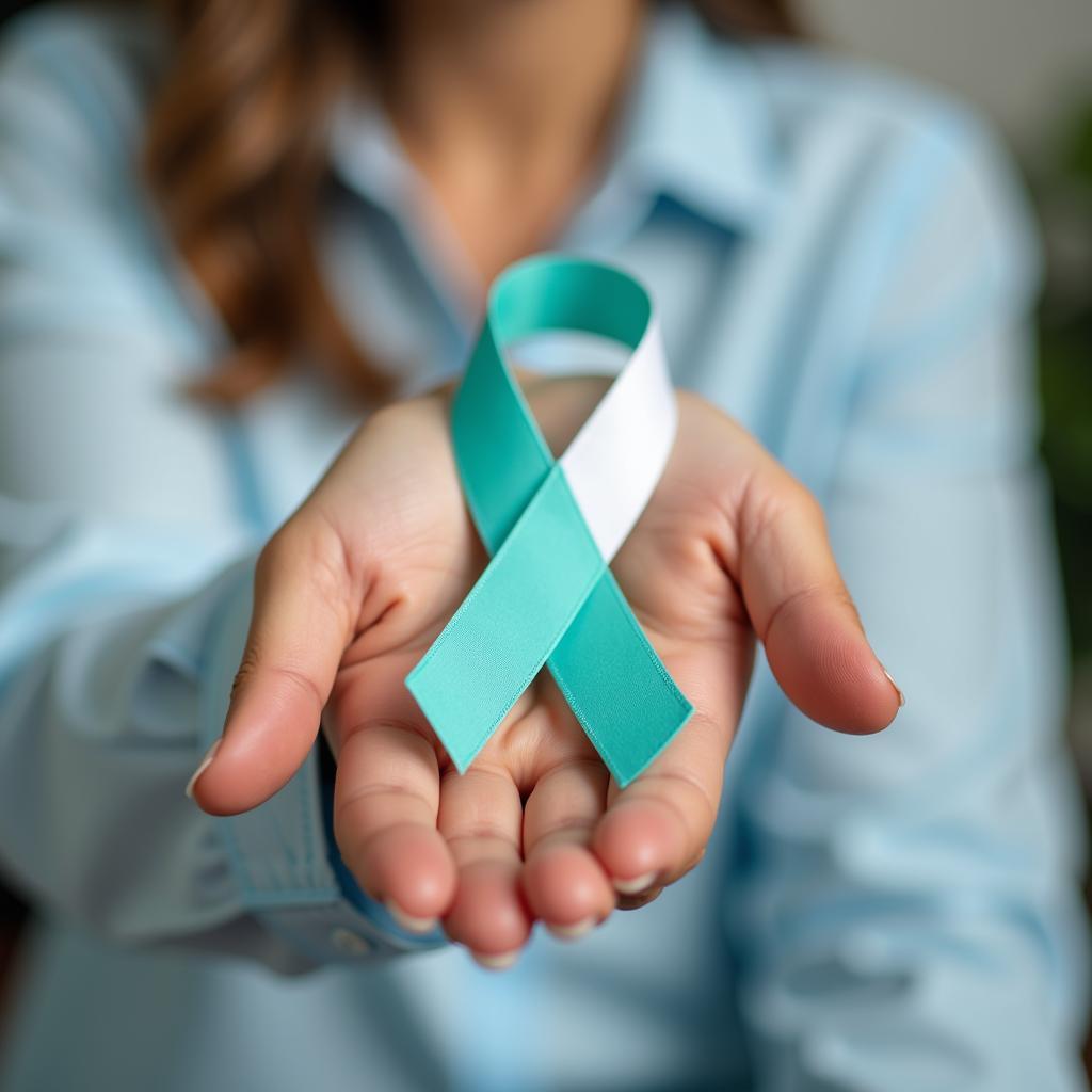 Woman Holding Teal and White Ribbon