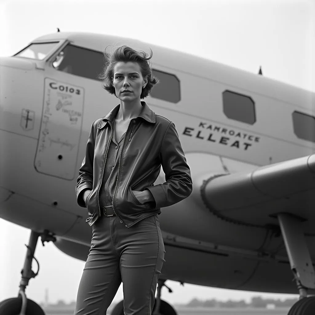 Amelia Earhart standing in front of her Lockheed Electra