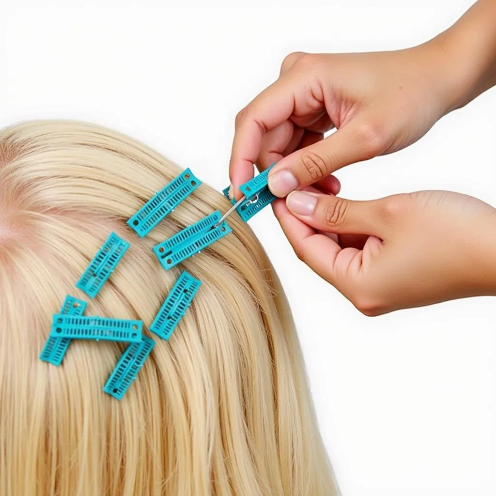 Close up of hands attaching a colorful hair weft