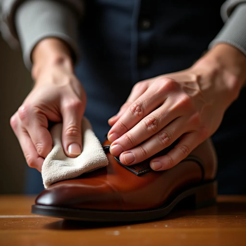 A person meticulously applying cordovan shoe polish to a leather shoe