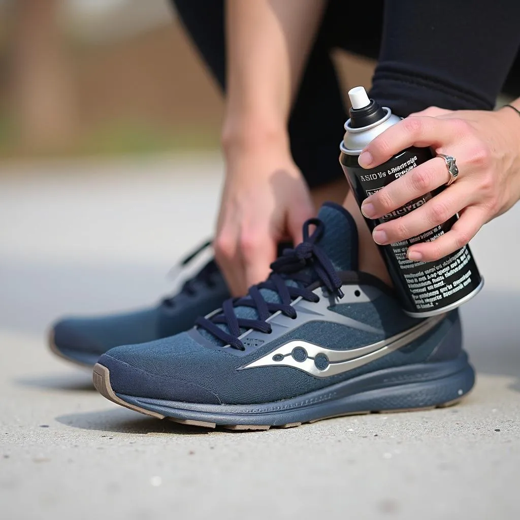 Person applying a protectant spray to shoes before Color Run