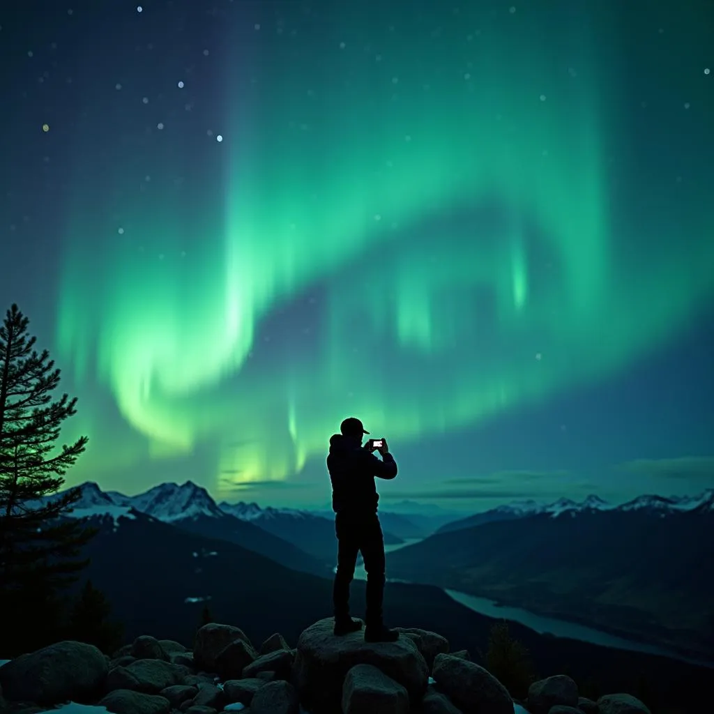 Person photographing the aurora borealis in the Colorado mountains