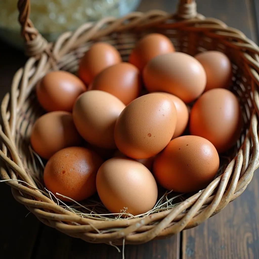 Wicker basket overflowing with fresh brown eggs gathered from Black Australorp chickens