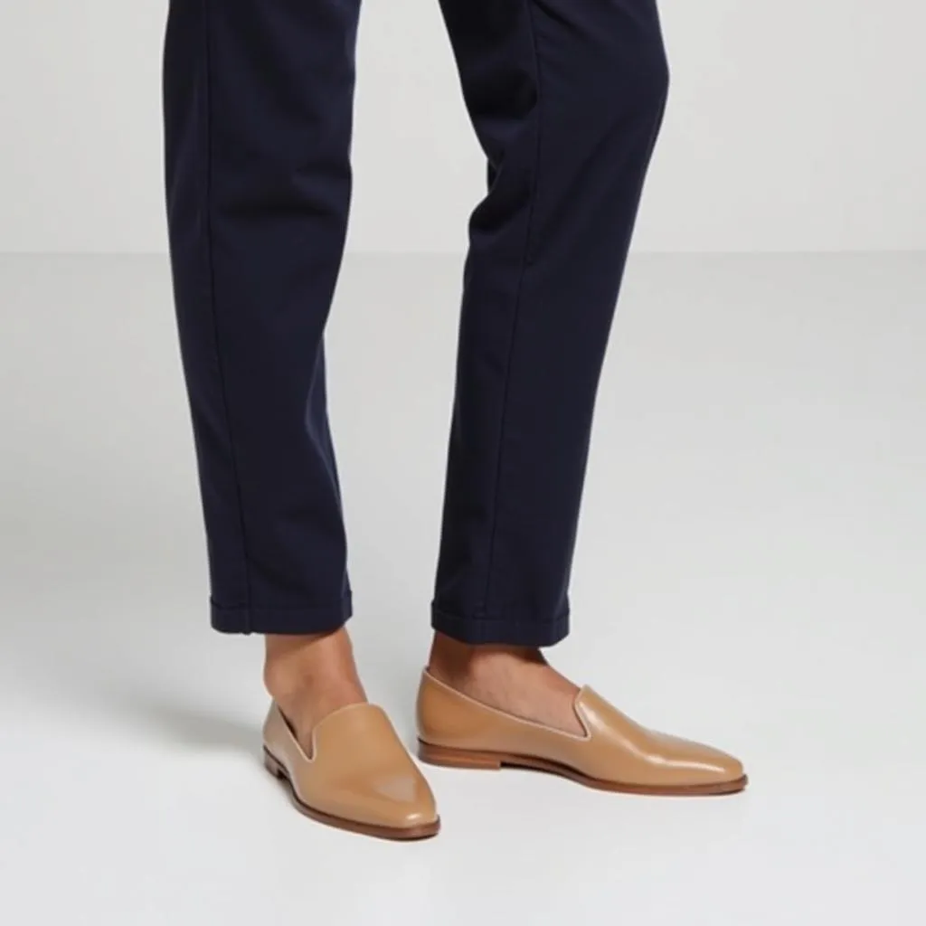 Women's beige mules with navy pants