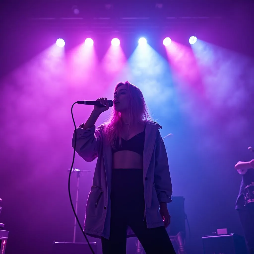Billie Eilish on stage with colorful lighting