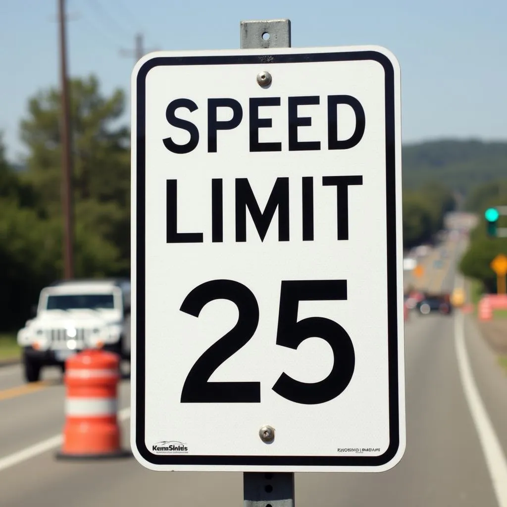 Black and white speed limit sign in a construction zone