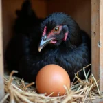 Black Australorp hen laying brown eggs in nesting box