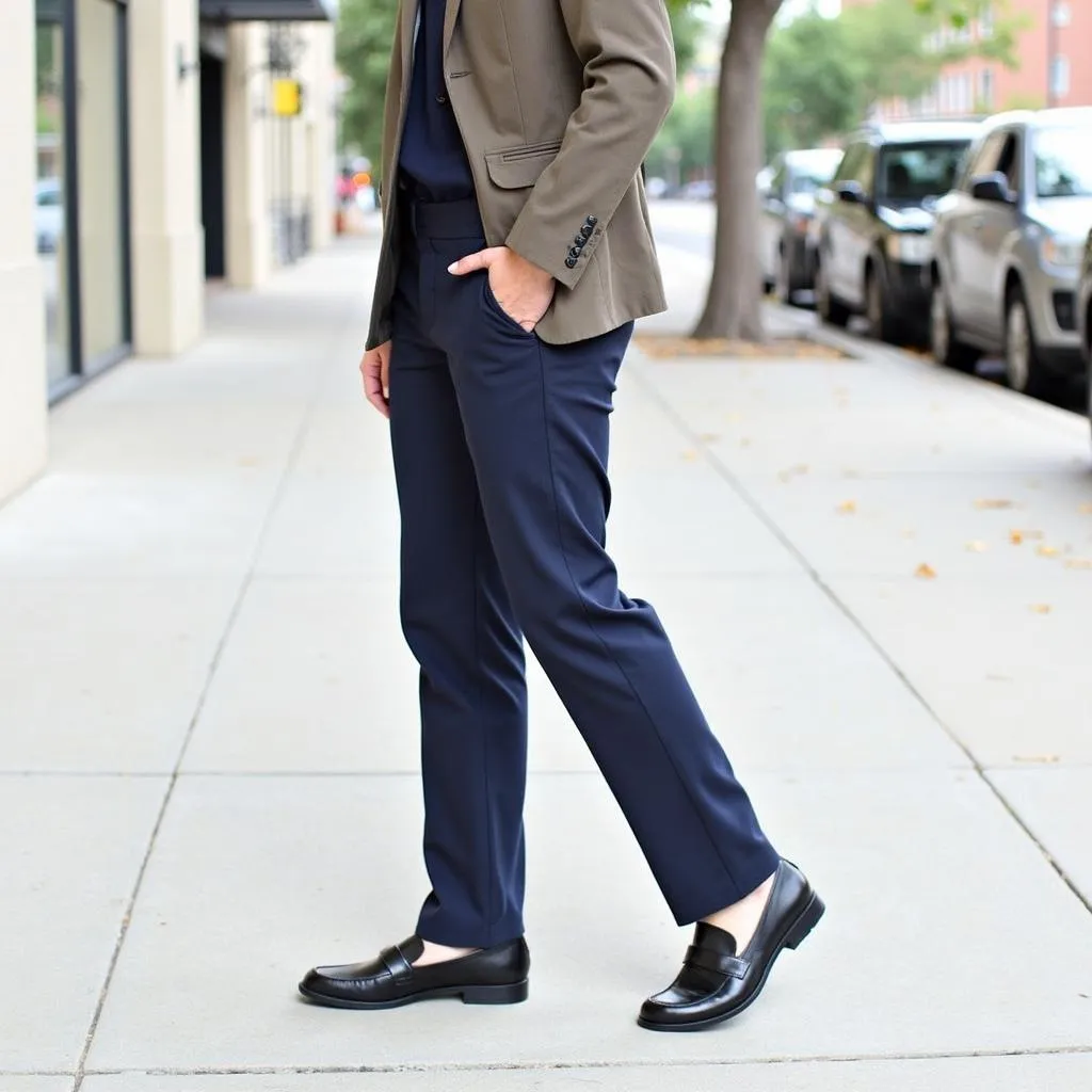 Women's black loafers with navy pants