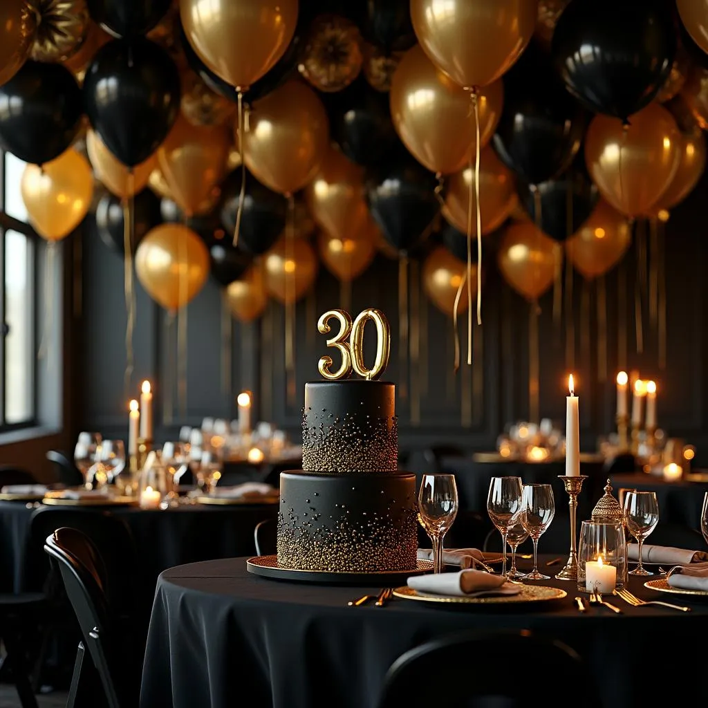 Elegant black and gold 30th birthday party decor