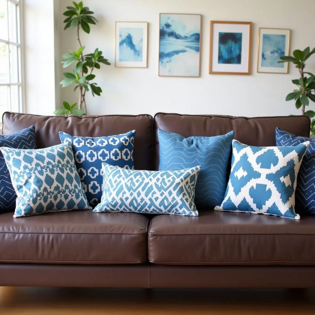 Blue and white throw pillows arranged on a brown couch